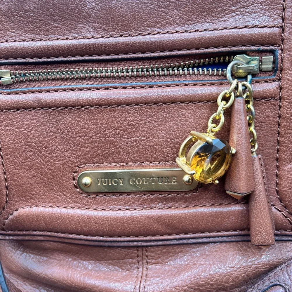 Juicy Couture Brown Buffalo Leather Satchel Crossbody Bag Gold Hardware Navy
